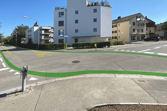 Die Stadt Zürich hat drei neue Velovorzugsrouten ausgeschrieben. Grün eingefärbte Fahrsupren für Velos auf der Strasse. 