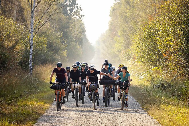 Komoot Bikepacking Tour für Frauen in Slowenien. Eine Gruppe von Frauen fährt auf einer Schotterstrasse mit Gravelbikes.