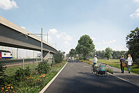 Veloweg zwischen Bahngleis und Park.