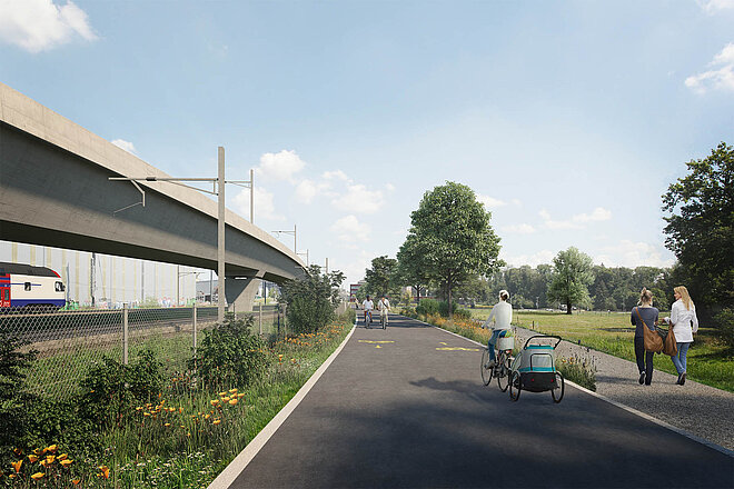 Veloweg zwischen Bahngleis und Park.