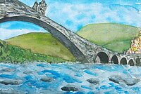 Aquarellbild einer Brücke über einen Fluss.