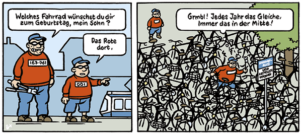 Der Gangster-Papa klaut seinem Sohn ein Velo zum Geburtstag.