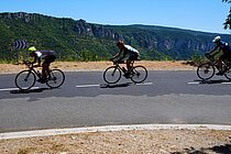 Radfahrer fahren hintereinander eine Strasse hinunter. 