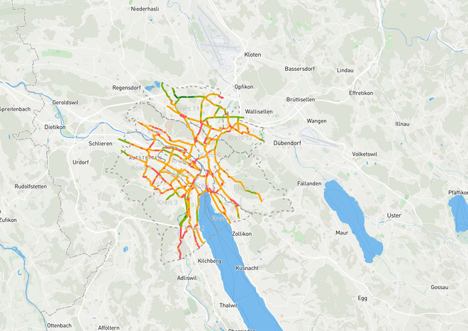 Screenshot einer Karte mit allen bisherigen Bewertungen des Zürcher Velovorzugsroutennetzes.