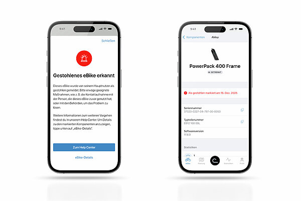 Smartphones mit App von Bosch E-Bike Systems auf dem Display.