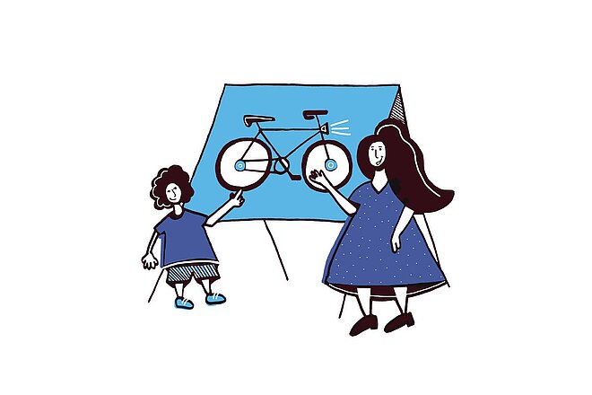 Die Allianz Schule+Velo bietet mit ihrem neuen Leitfaden «So wird Ihre Schule velofreundlich» eine konkrete und benutzerfreundliche Anleitung. Zwei gezeichnete Figuren stehen vor einem Fahrrad