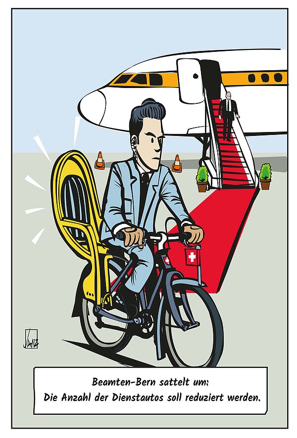 Comic mit einem Mann im Anzug auf dem Fahrrad.