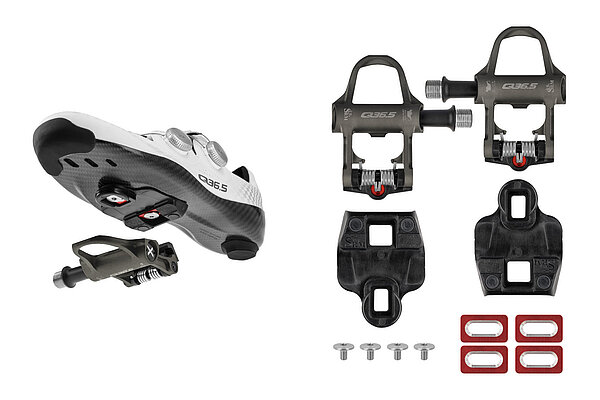 Rennradschuhe und Rennradpedale.