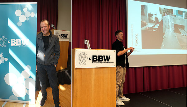 Zwei Männer stehen auf einer Bühne. 