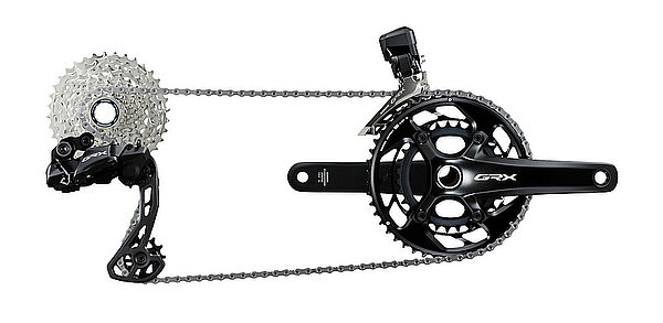 Shimano GRX Di2. Kurbel, Kette, Kassette und Wechsel eines Gravelbikes.