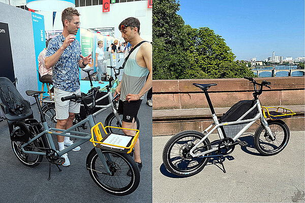 Ein Mann mit kurzen Hosen und Hawaii-Hemd steht neben einem Fahrrad.