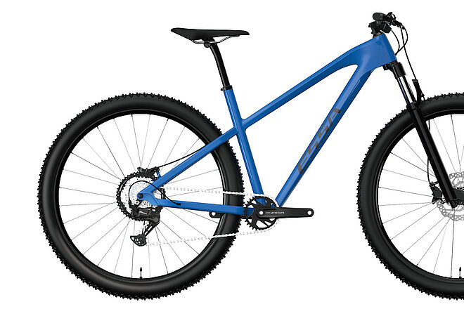 Neue Schaltung Shimano Essa. Blaues Mountainbike mit Federgabel.
