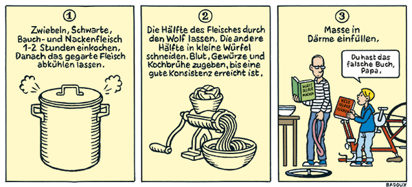 Wer statt des Velohandbuches das Kochbuch wählt, wird das Zweirad kaum flott machen. (Comic von Badoux)